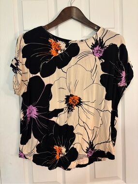next Cream Floral Short Sleeve Blouse with Black, Orange & Purple Accents